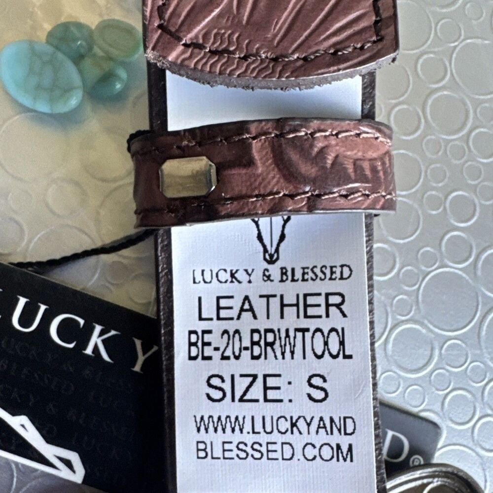 NWT Lucky & Blessed Turquoise Concho Tool Leather Belt - S Runs Bigger Dust Bag - Picture 4 of 14